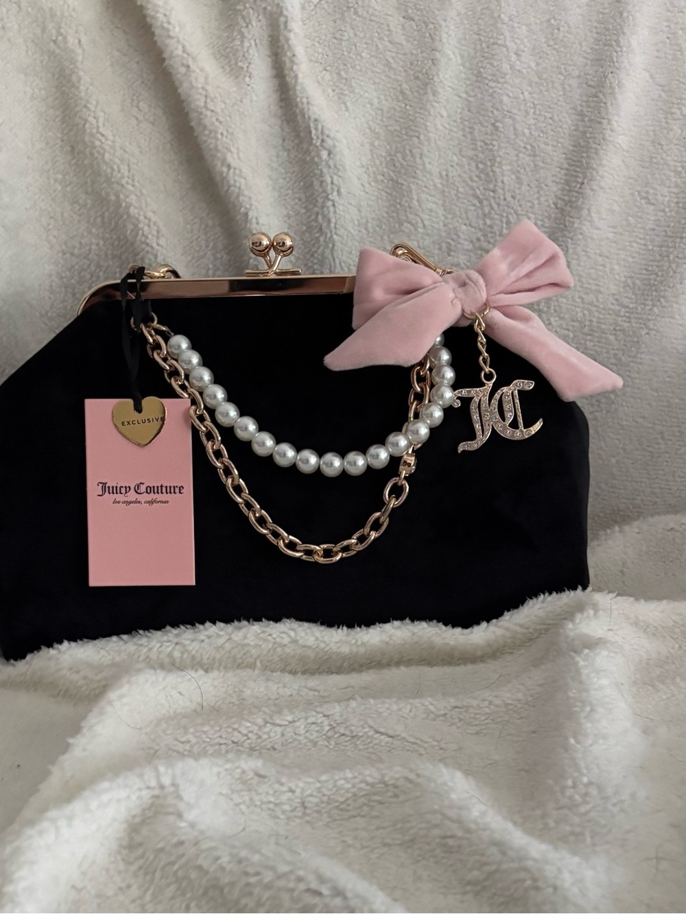 Juicy Couture Black Velvet Clutch with Pink Bow & Pearl Chain